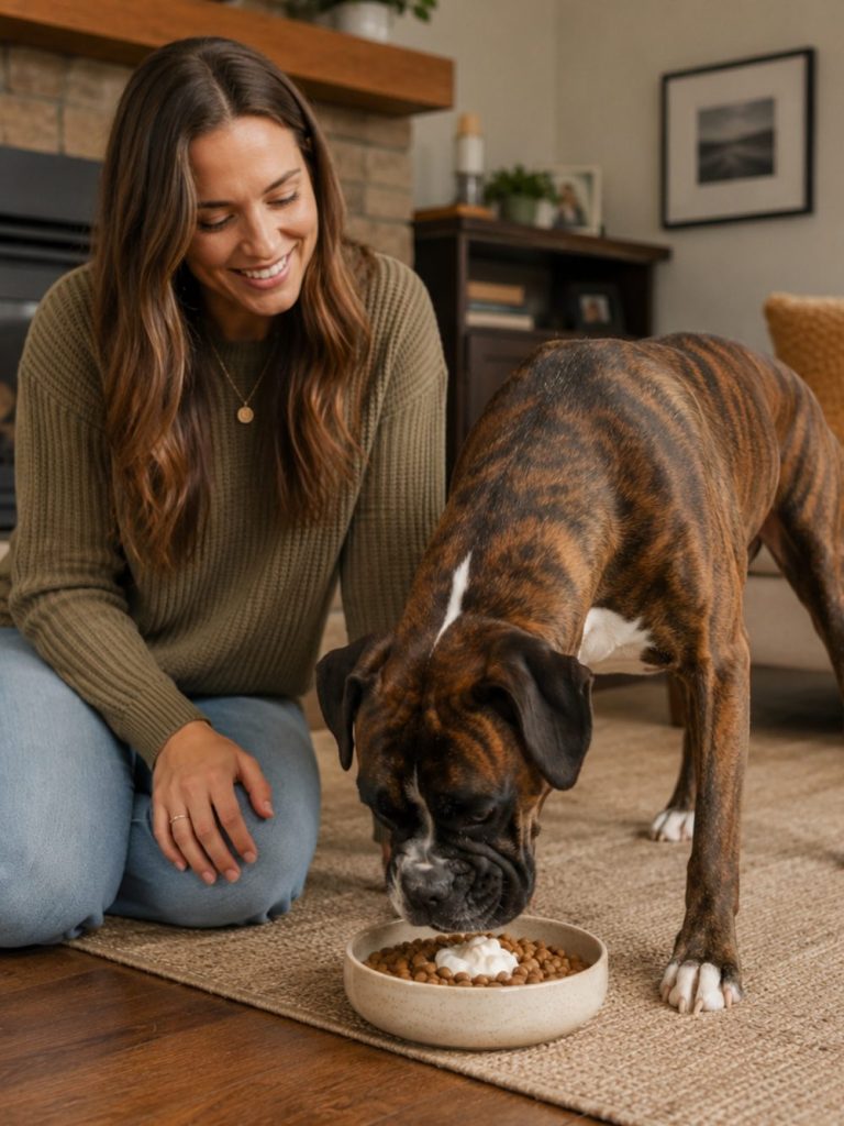 Dog eating YowUp Frozen Yogurt from a bowl
