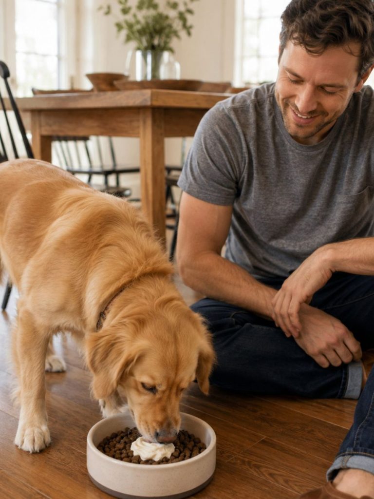 Man watching his dog enjoy YowUp Frozen Yogurt