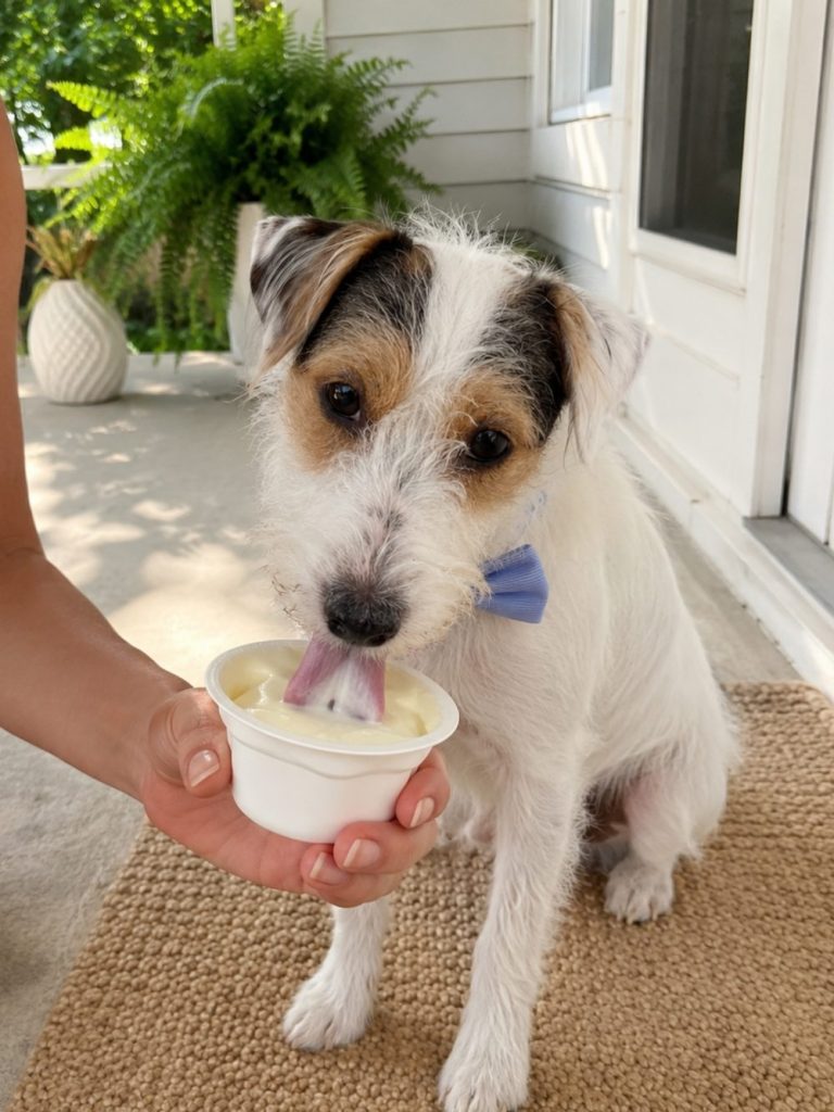 Terrier licking YowUp Frozen Yogurt from the cup