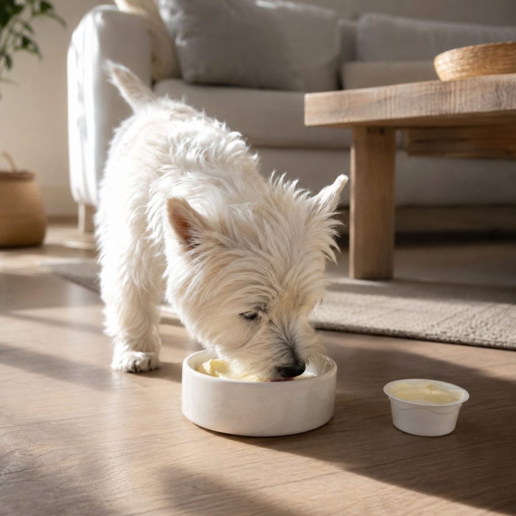 West Highland Terrier eating YowUp Frozen Yogurt from a bowl