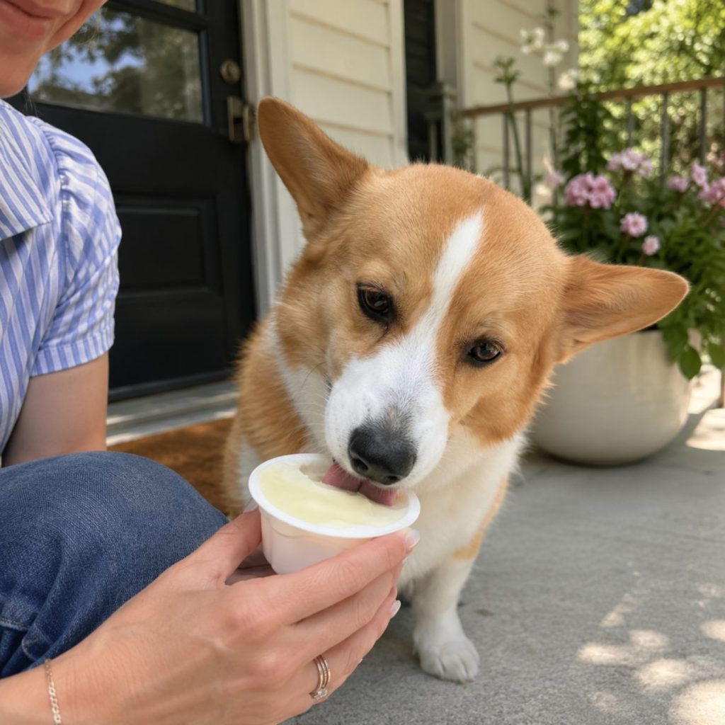 Corgi licking YowUp Frozen Yogurt from a cup