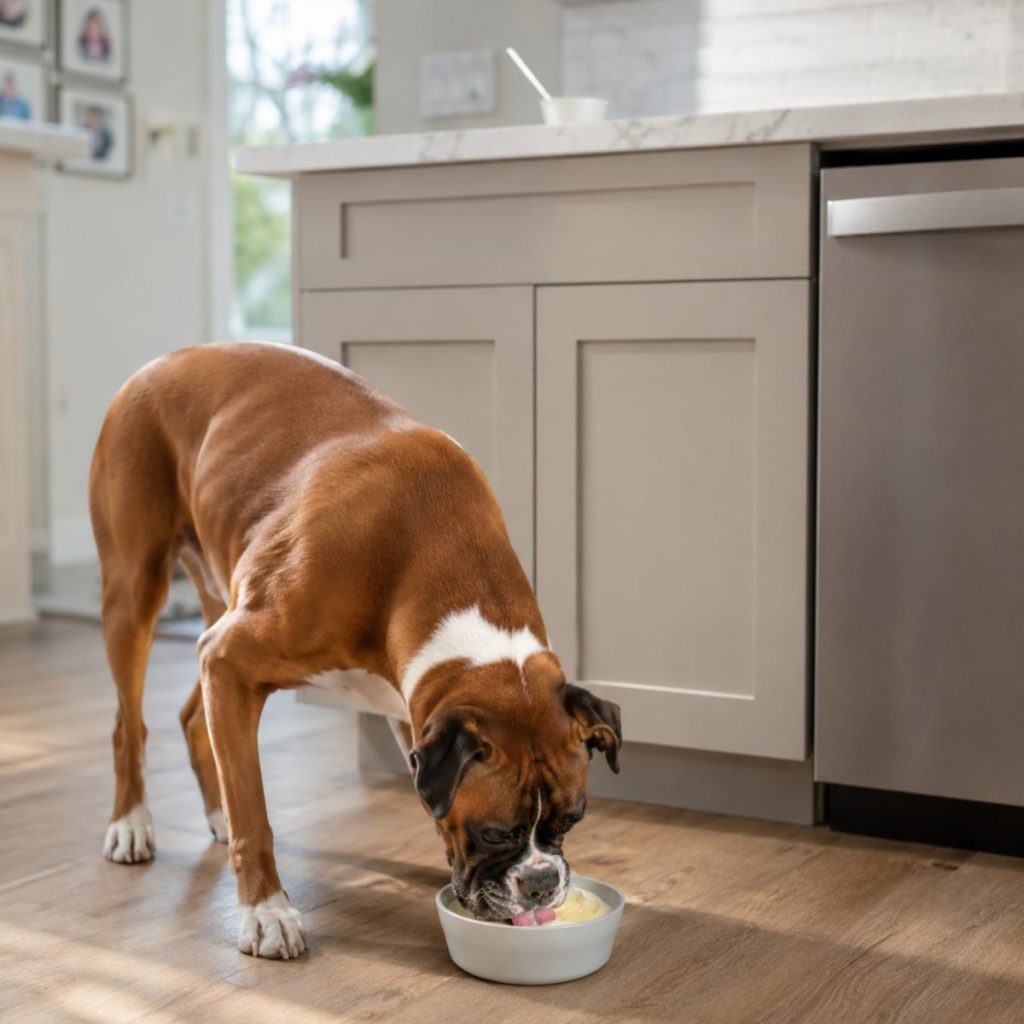 Boxer eating YowUp Frozen Yogurt from a bowl in the kitchen