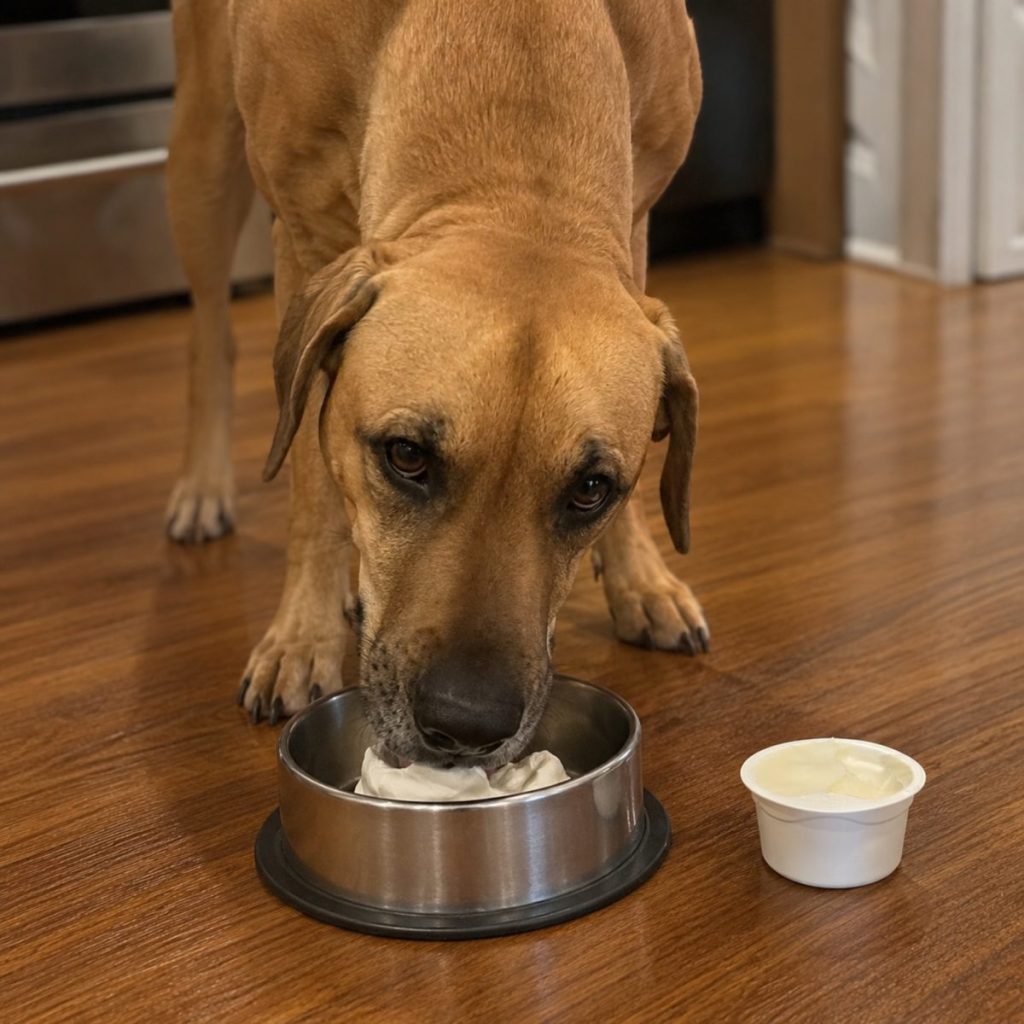 Dog eating YowUp Frozen Yogurt from a steel bowl