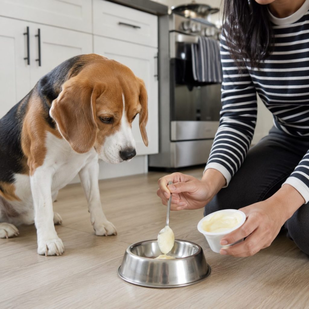 Beagle watching YowUp Frozen Yogurt being spooned into a bowl