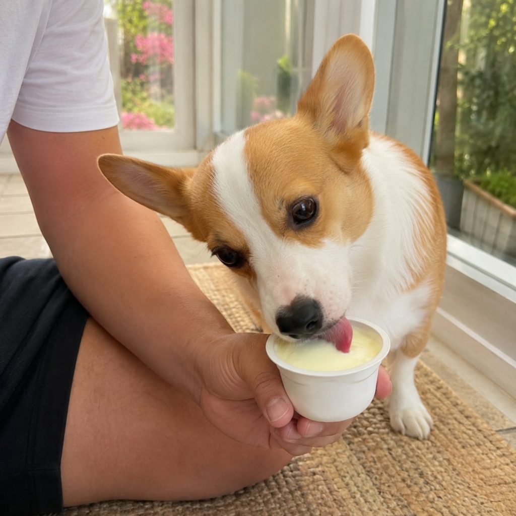 Corgi licking YowUp Frozen Yogurt from a cup
