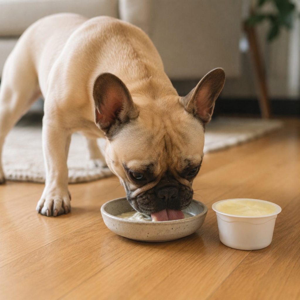 French Bulldog eating YowUp Frozen Yogurt from a bowl