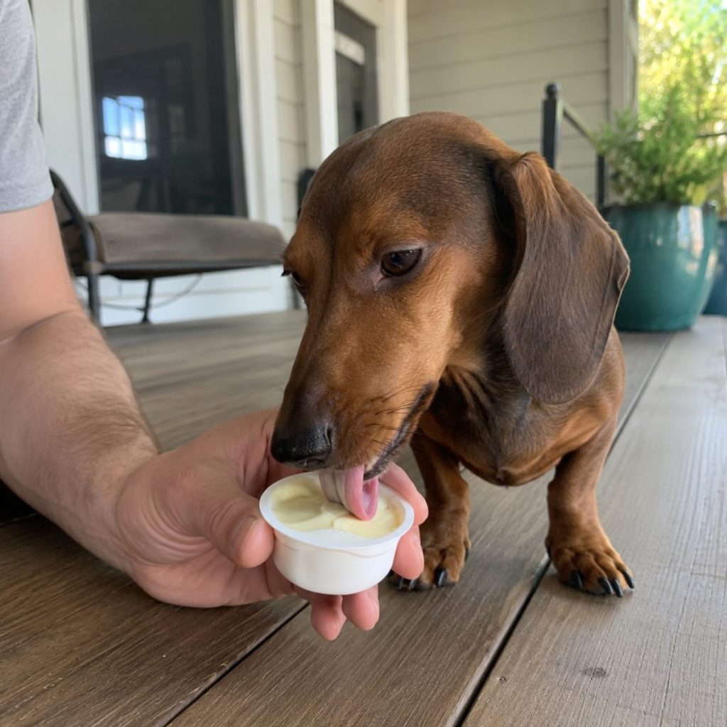 Dachshund licking YowUp Frozen Yogurt from a cup