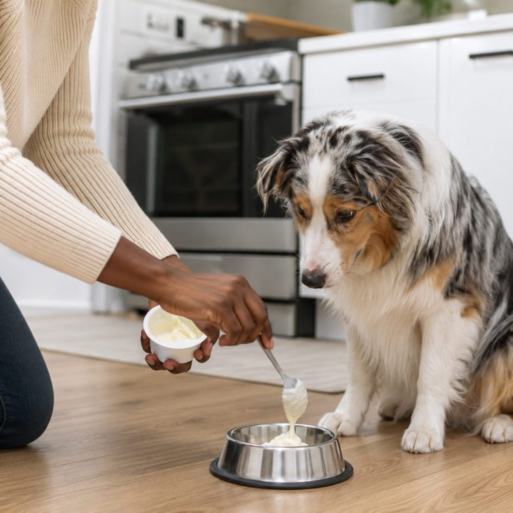 Australian Shepherd watching YowUp Frozen Yogurt being spooned into a bowl
