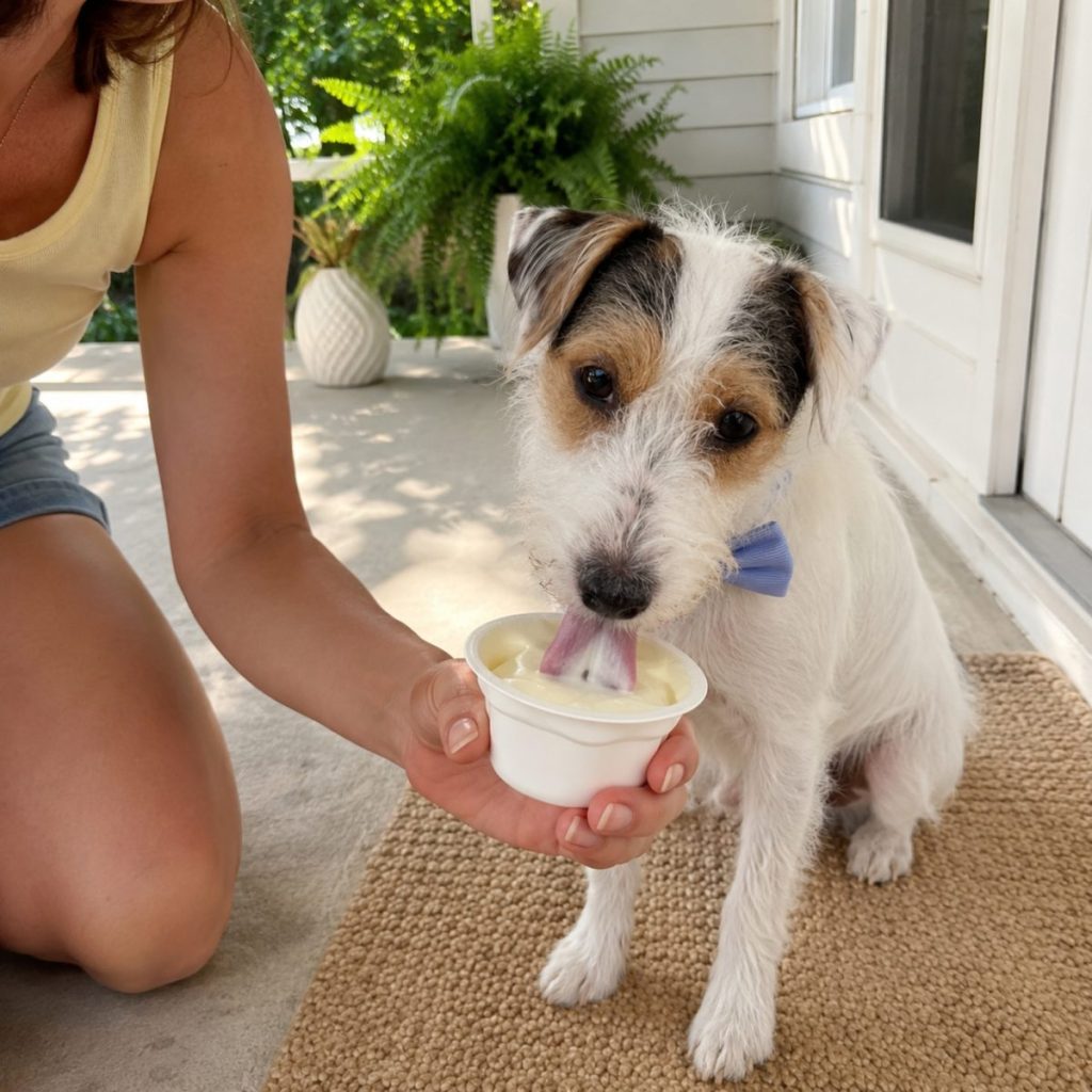 Terrier licking YowUp Frozen Yogurt from a cup on the porch