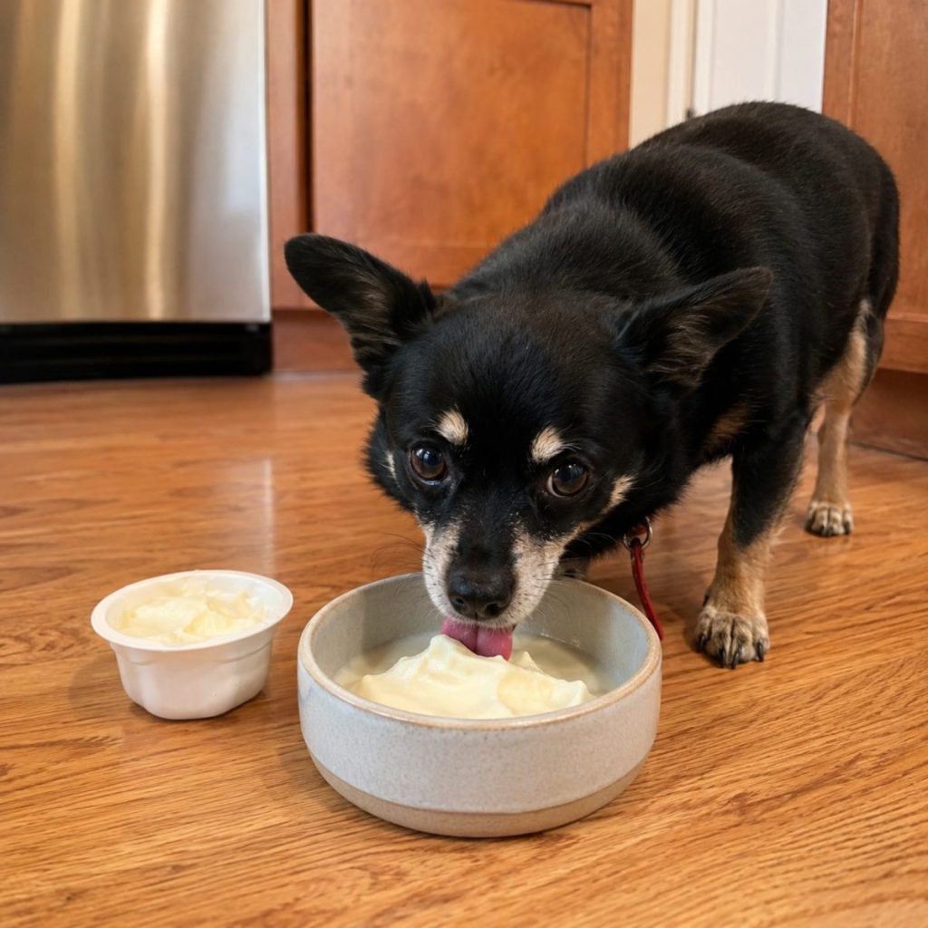 Black Chihuahua eating YowUp Frozen Yogurt from a bowl