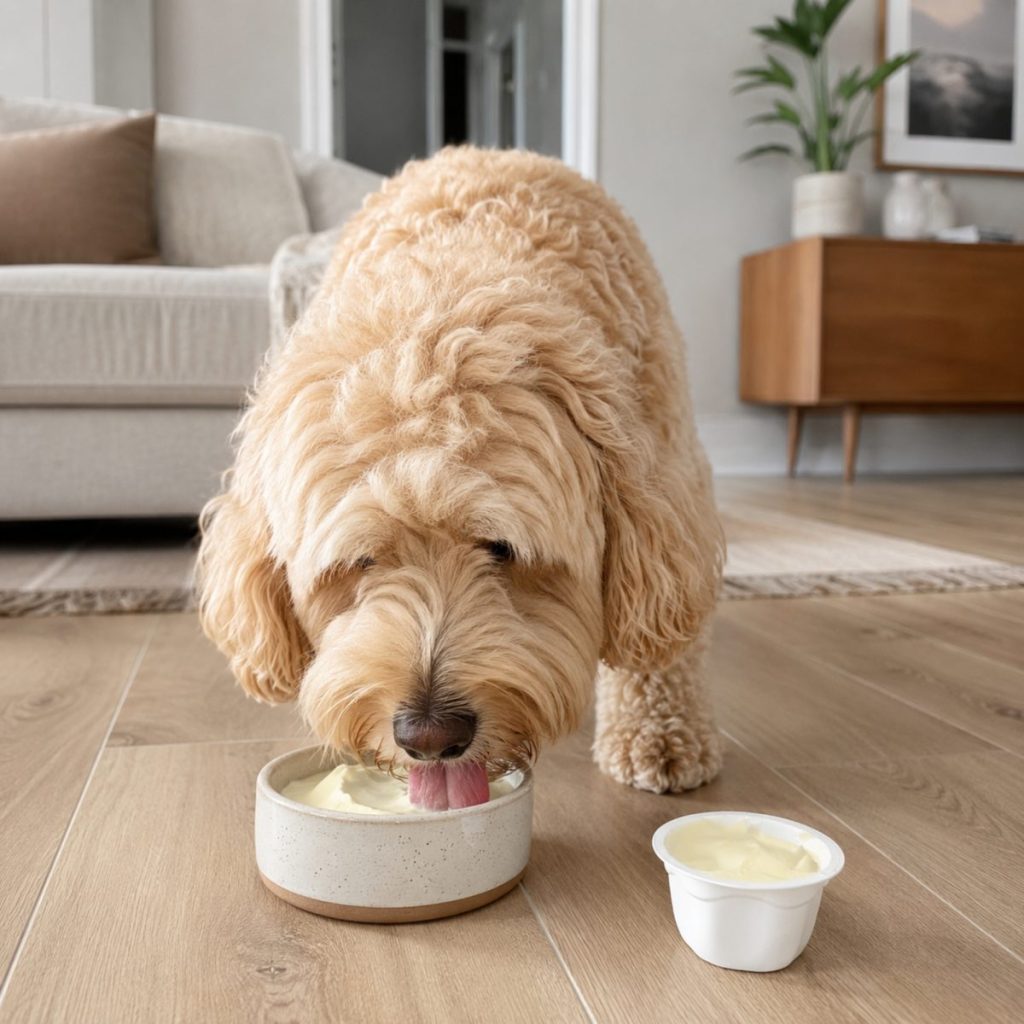 Doodle eating YowUp Frozen Yogurt from a bowl