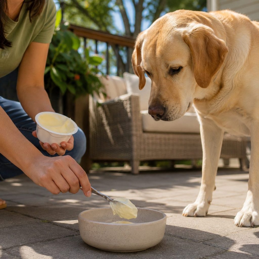 Labrador watching YowUp Frozen Yogurt being spooned into a bowl