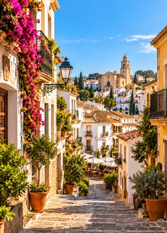 Flower-lined street in a Spanish village